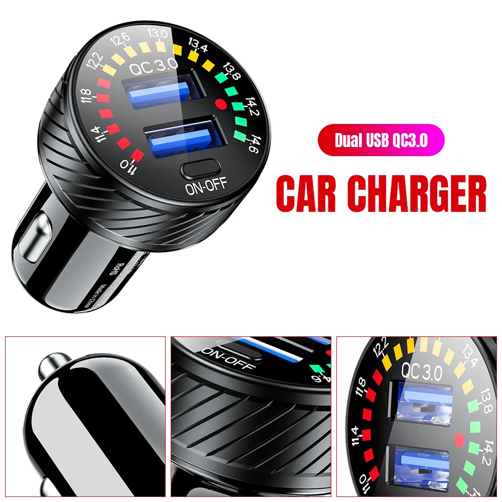

Dual QC3.0 Fast Charging USB Car Charger Power Adapter Cigarette Lighter Socket With Voltmeter Scale Display Switch Marquee Lamp