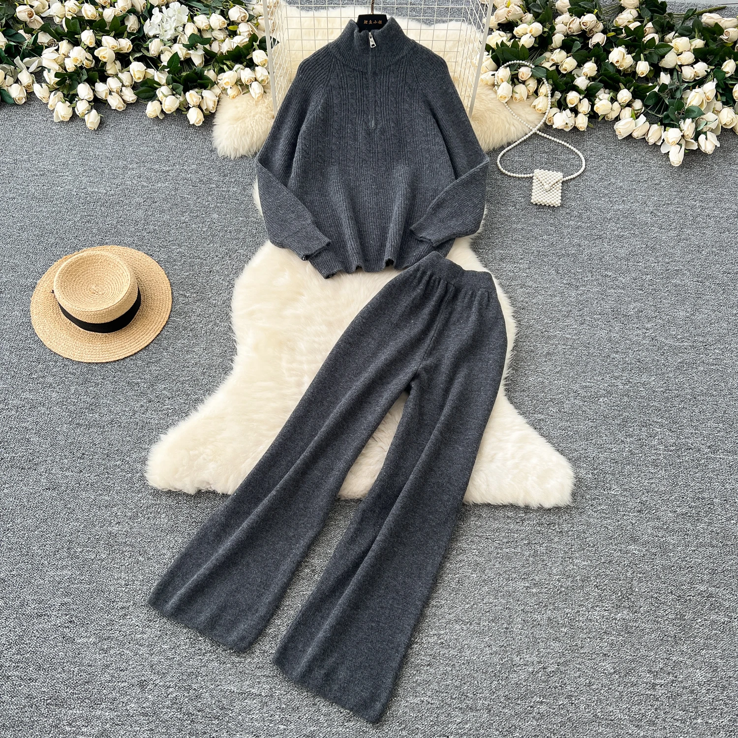 Женский трикотажный брючный костюм Повседневный свитер на молнии с