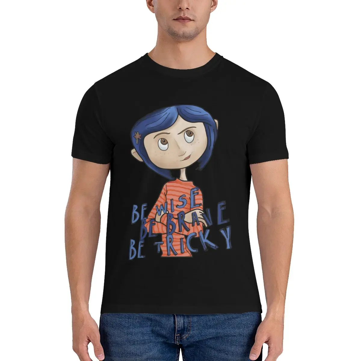 

Coraline/футболки с надписью «wise brave tricky quote movie dark cool»; Хлопковые футболки в стиле Харадзюку; Футболка с короткими рукавами; Мужские летние футбо...