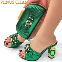 nigerian green color crystal heel african womens party high heels wedding high quality shoes and bags matching