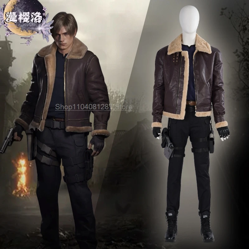 Человек Biohazard Resident 4 Remake Leon S Kennedy Evil Косплей Костюм Куртка Пальто Топы Брюки