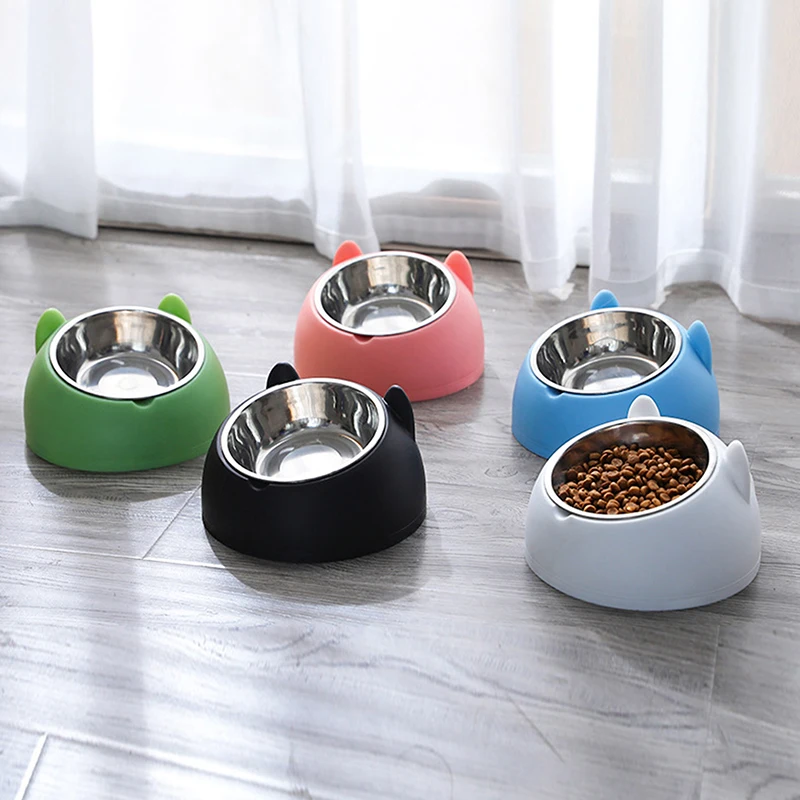 

15 Degree Tilt Stainless Steel Cat Bowl Non Slip Puppy Base Cat Food Drinking Water Feeder Neck Protection Dish Pet Bowl