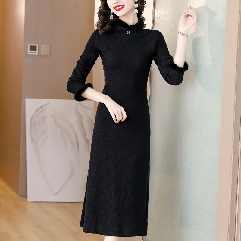 

Улучшенное платье-Ципао, Осень-зима 2023, новая приталенная юбка-низ с тонким воротником в длинном стиле