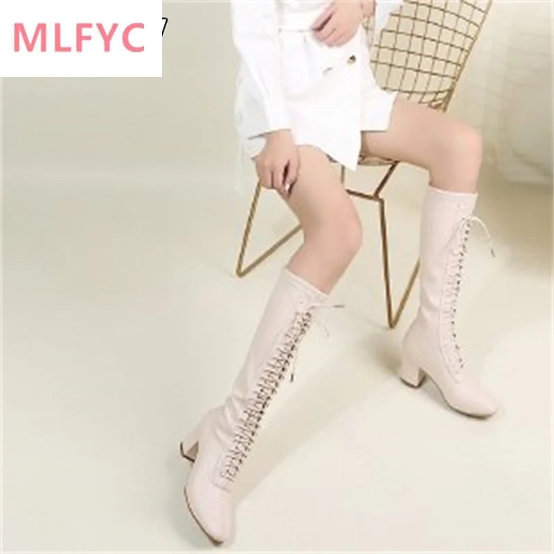 

Square toe lace up high heels chunky heel knight boots women's 2022 new but knee boots high boots wholesale black boots