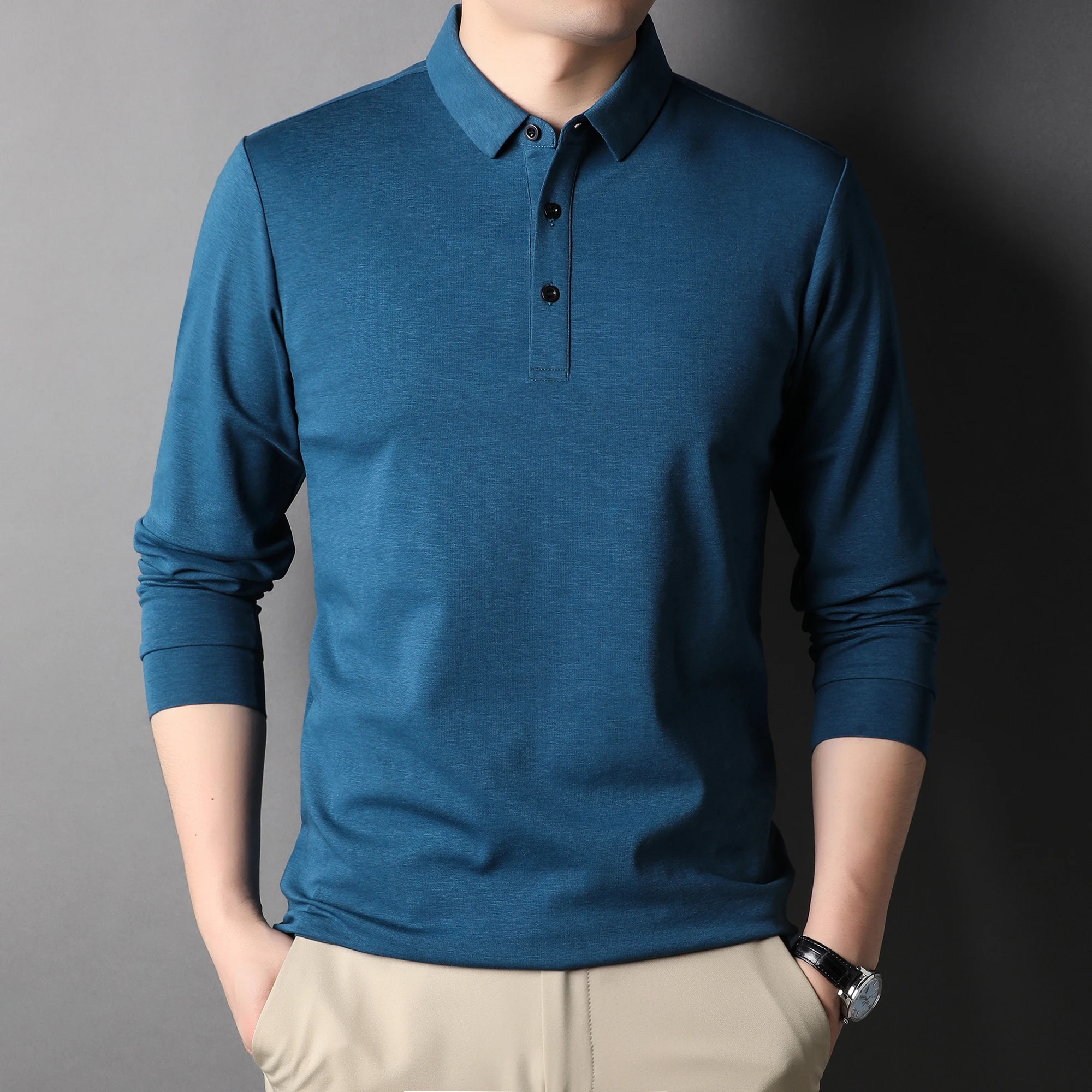 

LICHENGRUI Mulberry Silk Fabric Men's Solid Color Long Sleeve Polo Shirt 2023 Spring New Business Fashion Casual Tops Male Brand