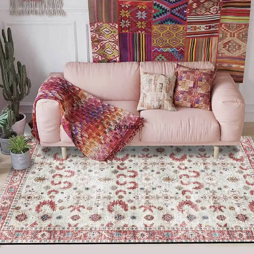 

New Fashion Retro Red Persian Ethnic Style Flower Living Room Bedroom Bedside Carpet Floor Mat Alfombra Dormitorio