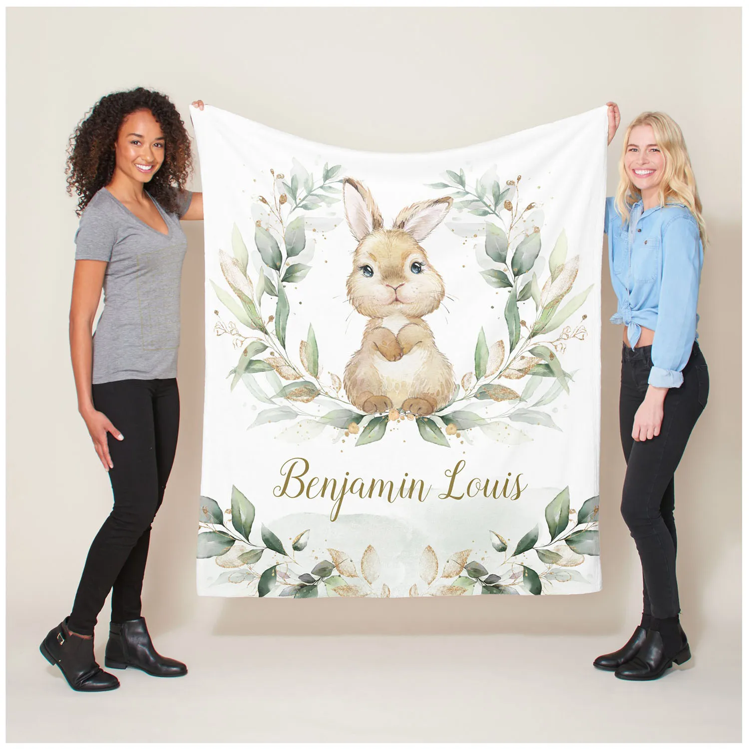 LVYZIHO Personalized Cute Bunny Rabbit Greenery Gold Baby Blanket - 30x40 / 48x60 / 60x80 Inches - Fleece Blanket