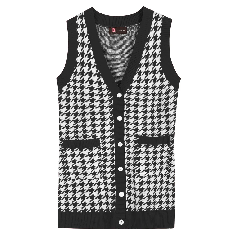 

KK Women Sweater Vest Houndstooth Printed Mid-Thigh Length V-Neck Button-Up Sleeveless Sweater Autumn Femme Sweaters