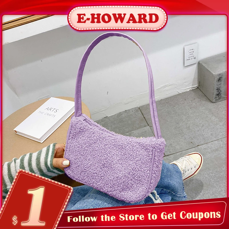 

Модная фиолетовая шерстяная сумочка-Багет на плечо для женщин, новинка 2022, женская дизайнерская мягкая сумка-клатч из овечьей шерсти для де...