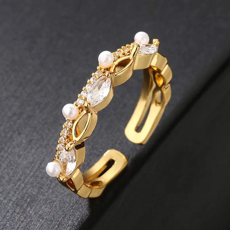 

Gold Color Opening Rings for Women Green Geometry Crystal Imitation Pearl Engagement Ring AAA+ Zircon Inlaid Wedding Jewelry