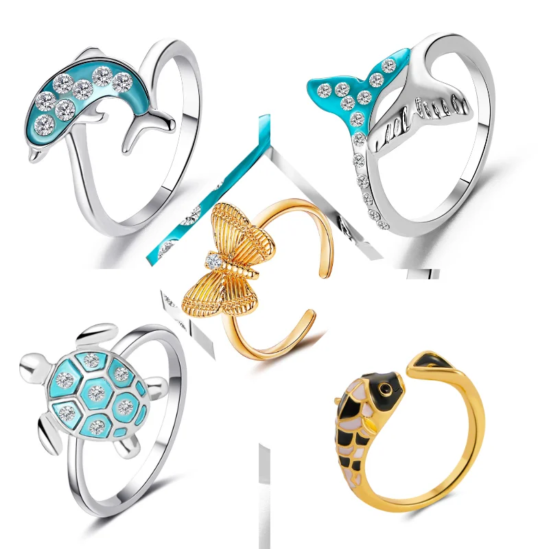 

Cute Blue Mermaid Fish Tail Ring Turtle Dolphin Little Whale Rings for Women Couple Lovers Wedding Jewelry Valentine's Day Gift