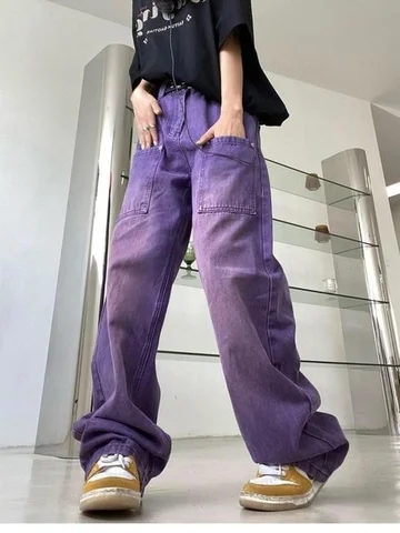 Фиолетовые джинсы для мам с карманами в Корейском стиле, в стиле хип-хоп, с высокой талией, осень 2022, женские джинсовые брюки Y2k, крутые