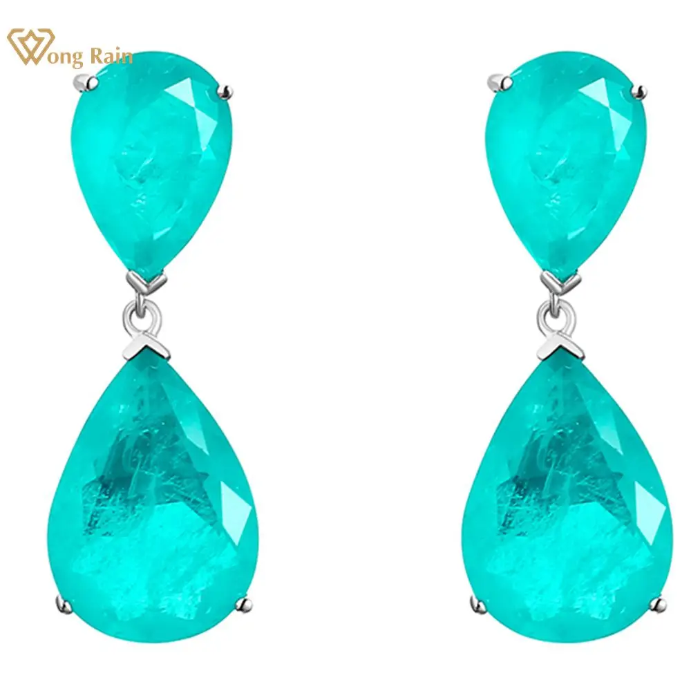 

Wong Rain Solid 925 Sterling Silver Pear Cut Paraiba Tourmaline High Carbon Diamonds Gemstone Drop Dangle Earrings Fine Jewelry