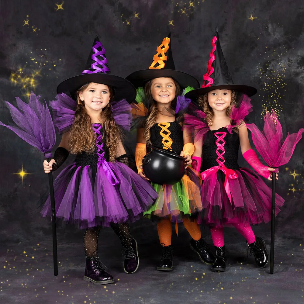 

2-12 Years Children Halloween Girls Cosplay Witch Costume Carnival Kids Masquerade Costumes Child Tulle Vampire Party Dress Up