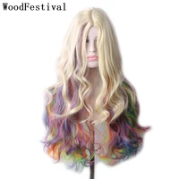 woodfestival synthetic wig wavy long cosplay wigs for women ombre red purple pink brown blue green blonde color rainbow party