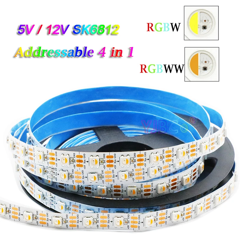 5V 12V addressable RGBW RGBWW 4 colors in 1 LED Strip SK6812 IC 60pixles/m SMD 5050 RGB White Lamp Tape flexible Lights bar