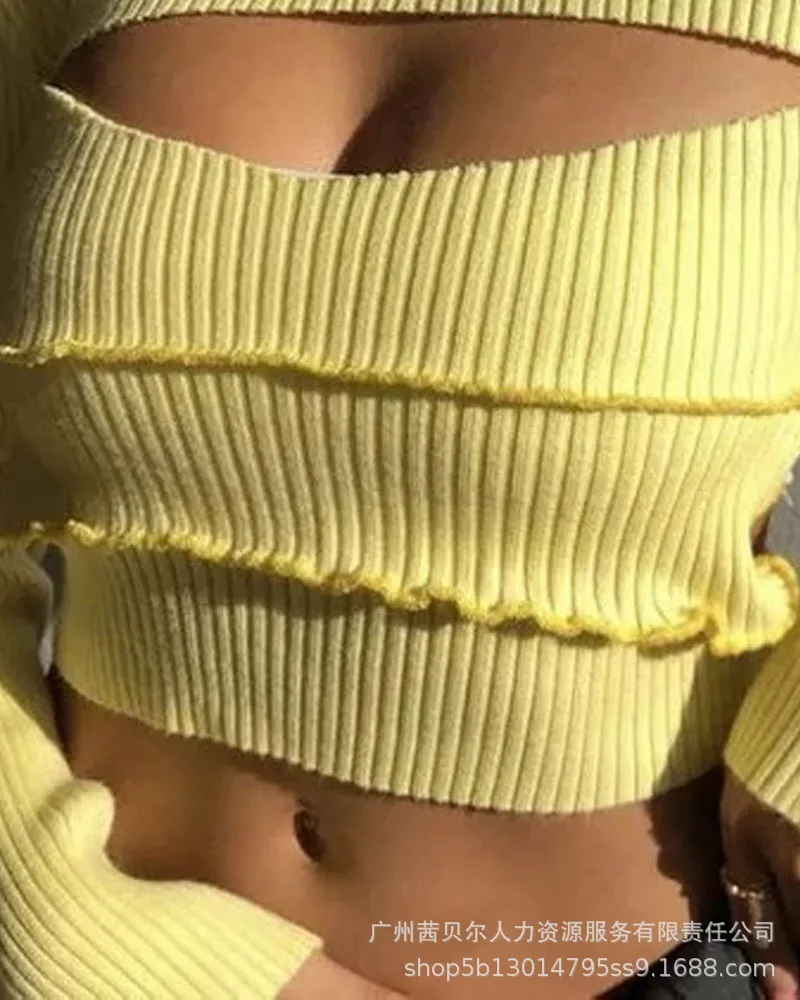 

Fashion New 2022 Women's Hollow Long Sleeve Knit Top Casual Office Yellow Tops Female & Lady Spring and Autumn