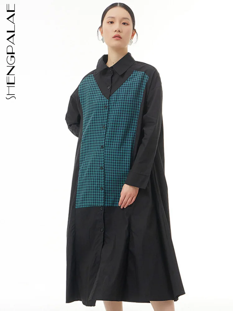 

SHENGPAIAE 2022 autumn female new turn-down collar single breasted long sleeve patchwork Plaid loose waist robe dress 5W257