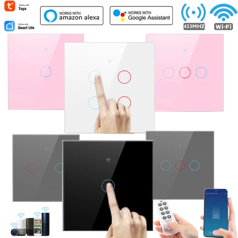 

CoRui TUYA WiFi+433MHZ Smart Touch 1/2/3/4 Gang Switch Home Light Wall Button For Alexa And Google Home Assistant Black White