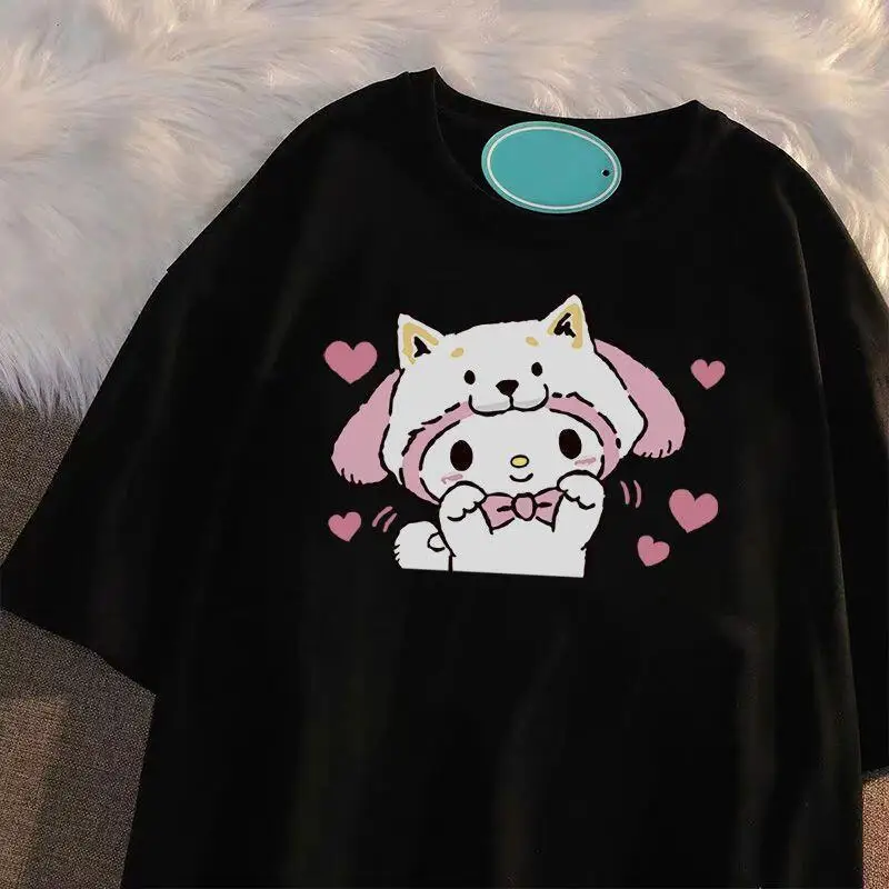 Фото Женская футболка с коротким рукавом 2026 года, летняя, Sanrio, новая коллекция My Melody, свободный крой, топы для девушек, из чистого хлопка, милые, модные, универсальные №2