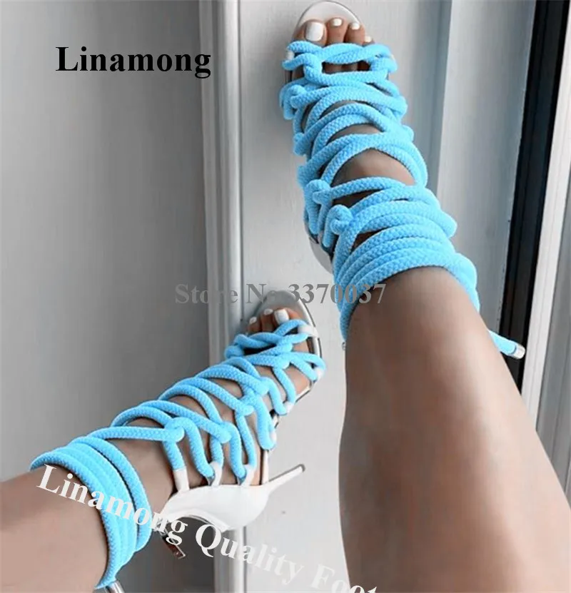 

Blue Rope Gladiator Sandals Linamong Sexy Patchwork Straps Cross Stiletto Heel Shoes Open Toe Neon High Heels Party Dress Shoes