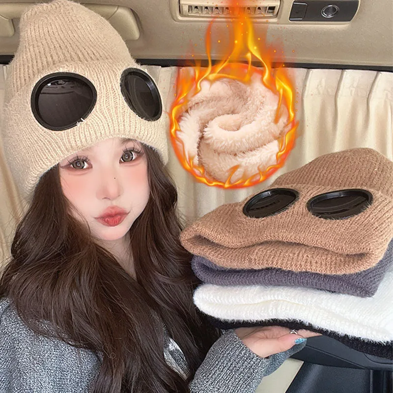 

Women Thickened Glasses Hat for Autumn Winter Windproof Unisex Fashion Knitted British Fleece Ear Glasses Ski Hat Outdoor Hat