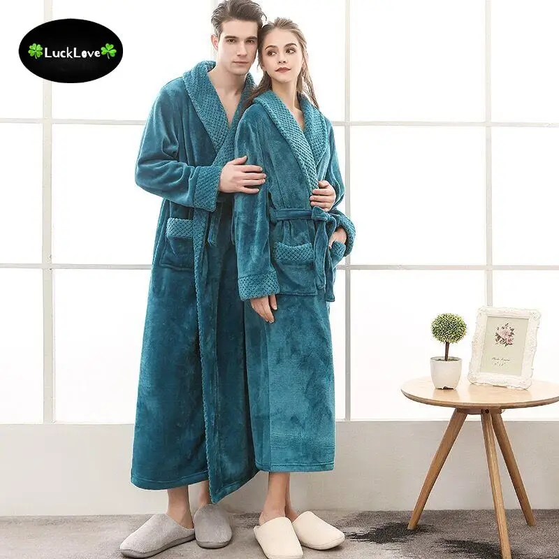 Plus Size Men Flannel Robe Sleepwear Thick Warm Long Bathrobe Nightgown Winter Coral Fleece Casual Nightwear Couple Home Wear