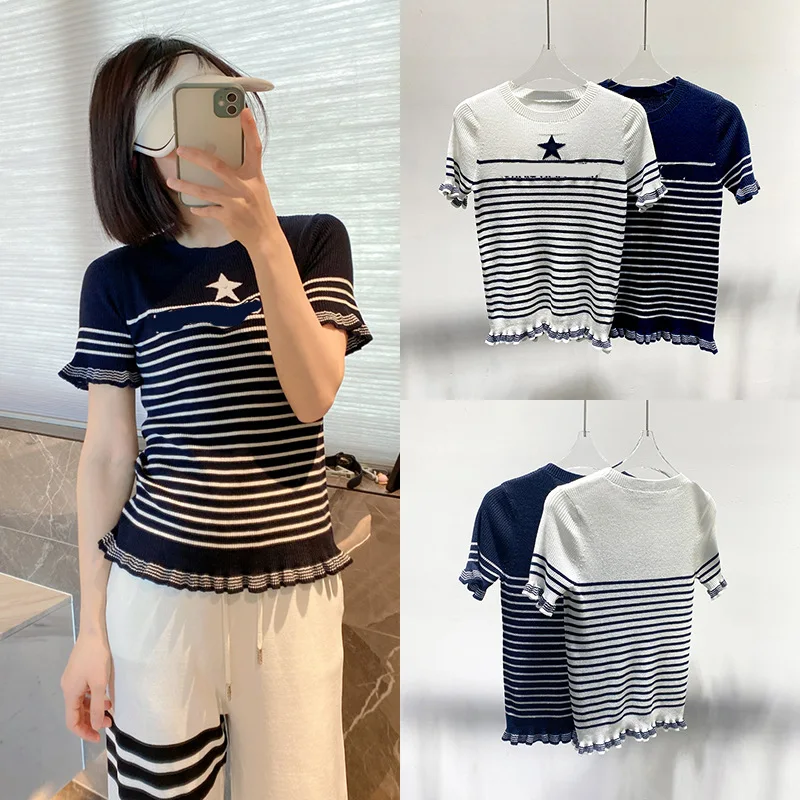 

Short-sleeved Striped Sweater Female Summer 2023 New Korean Version of Straight Versatile Age-reducing Five-pointed