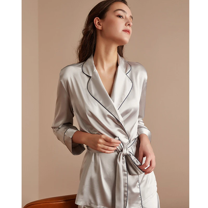 2Pcs Women Lapel Long Sleeves Pajamas Sets Robe Pant Nightwear Ice Silk Sleep Suit Ice Silk Sleep Suit Solid Color Loose Casual