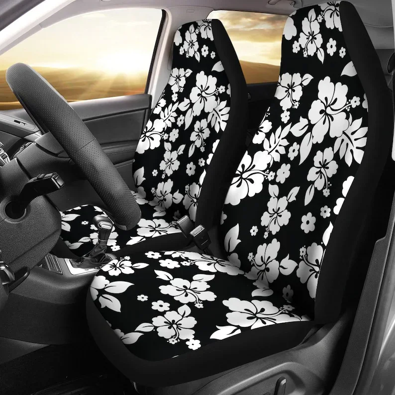 

Black with White Hibiscus Hawaiian Flower Pattern Car Seat Covers Set Universal Bucket Seat Covers for Most Car and SUV Models