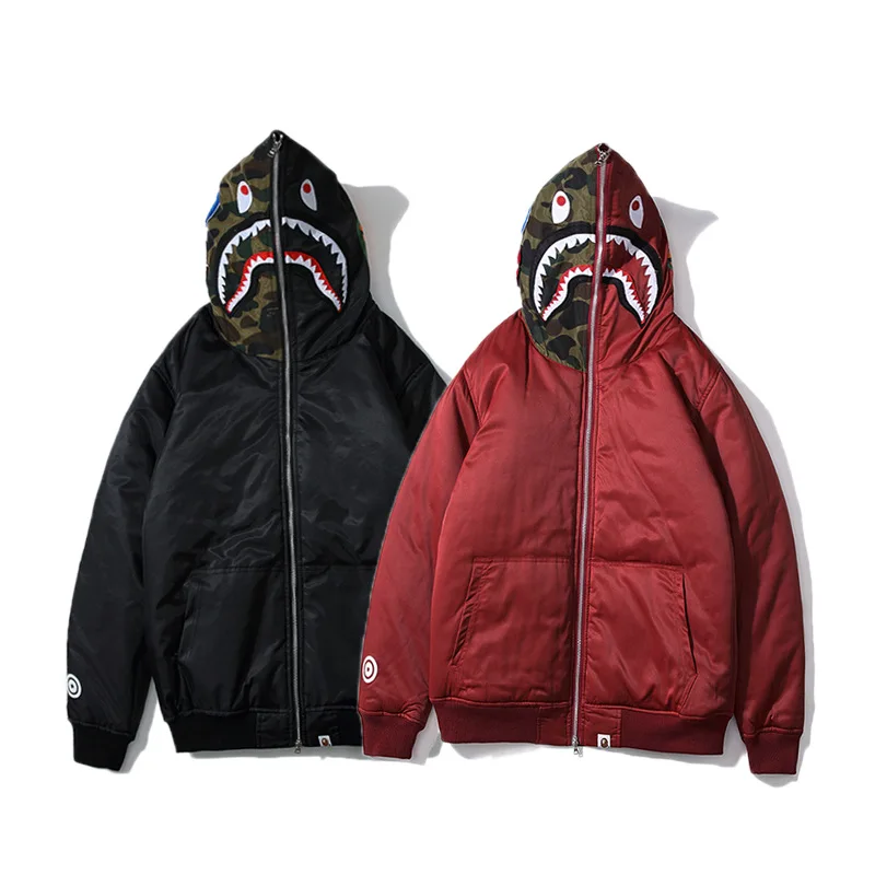 

Tide Brand Classic Shark Embroidery Camouflage Stitching Men's Down Jacket Winter Hooded Cardigan Men Casual Warm Jacket