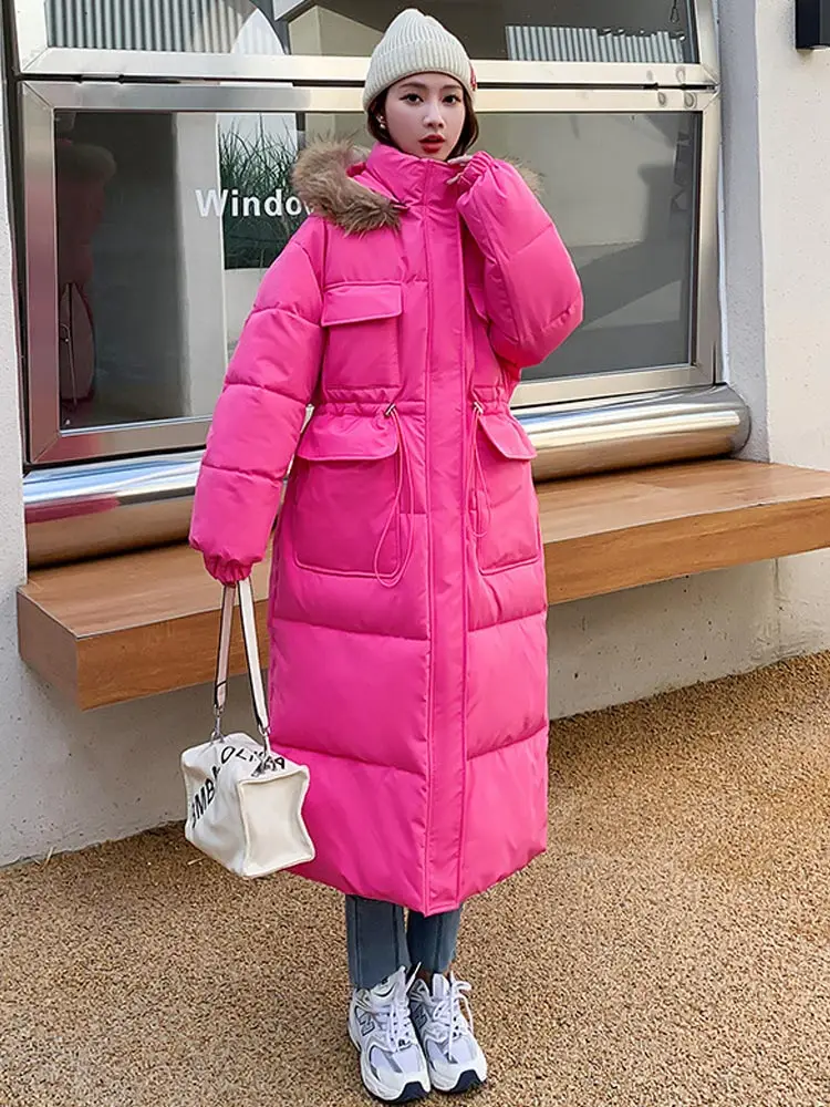 Vielleicht 2022 New Fashion Winter Jacket Women Parkas Long Coat Fur Hooded Loose Warm Snow Wear Cotton Padded Winter Clothes