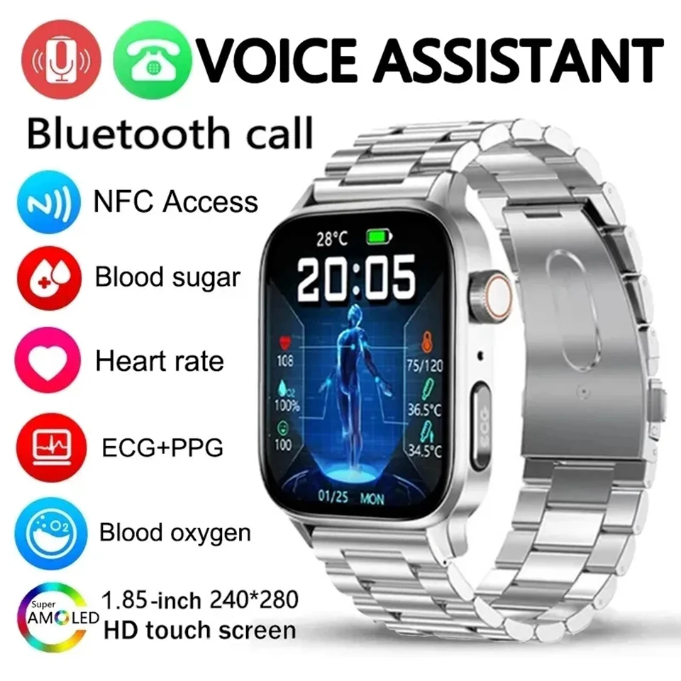 

2023 New Non-invasive Blood Sugar Smart Watch Men Voice Calling Wristwatch Body Temperature Stress Test ECG+PPG NFC Smartwatch