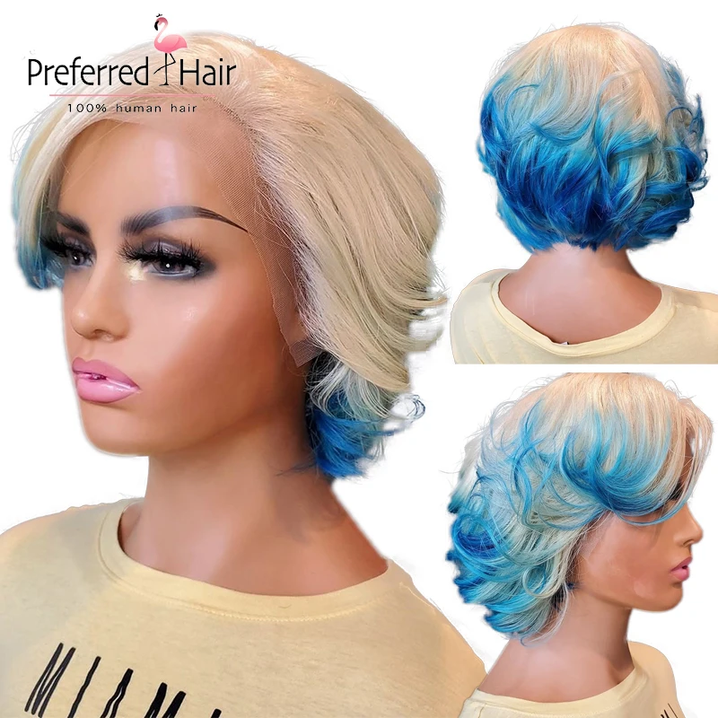 

Short Bob Honey Blonde 613 Blue Ombre Colored 4X4 Closure Transparent 13X4 T Part Lace Human Hair Wigs for Women Remy Preplucked