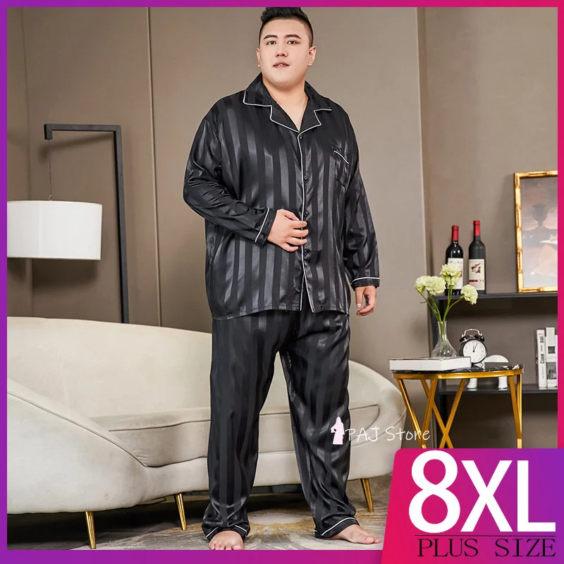 

Пижамный комплект мужской, шелковая атласная одежда с длинным вырезом на лодыжке, домашняя одежда, пижама с Slp топом, супер большие размеры 5x L-8XL, осень