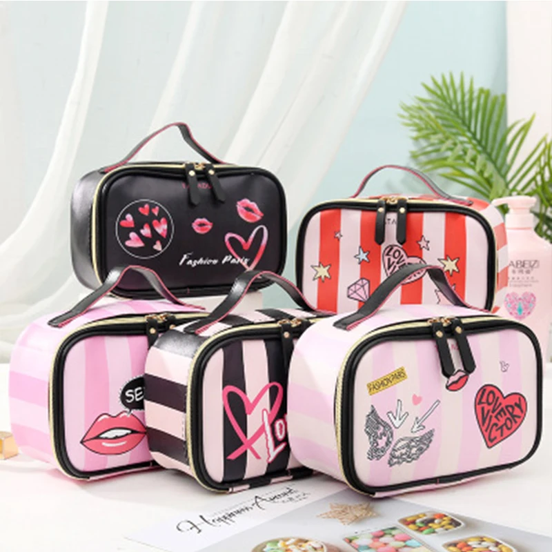 

Makeup Bag Black Double Layer Waterproof Toilettry Bag Travel Organizer Beautician Case Portable Women PU Cosmetic Storage Bags