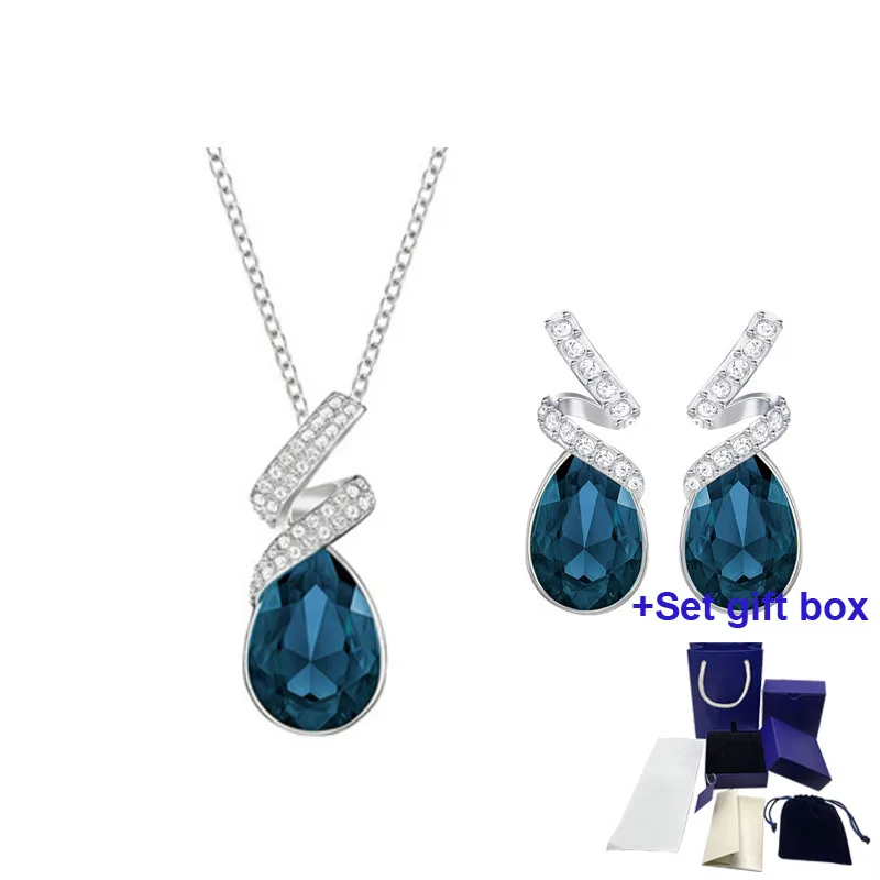 

SWA New High Quality Jewelry Wrap Dark Blue Crystal Pendant Necklace Stud Earrings Set Fashion Women Jewelry Free Shipping