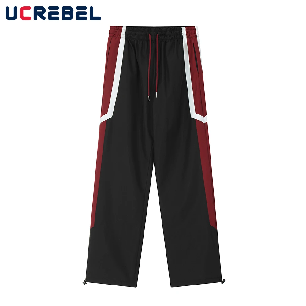 

Contrast Paneled Loose Straight-leg Pants Mens Drawstring Elastic Waist Jogger Pants Casual Wide Leg Trousers Men