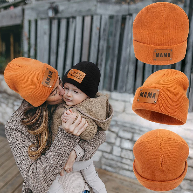 

Autumn Winter Parent-Child Hats Knitted Warm Soft Beanie Hat For Baby Boy Girl & Mom Adults Kids Caps With Leather Label