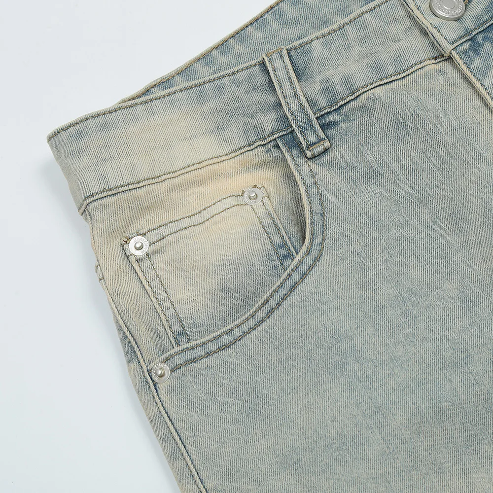 2023 Washed White Straight Denim Jeans Mens Ins Fashion Streetwear American Loose Trousers Feet Zipper Slit Casual Daddy Pants