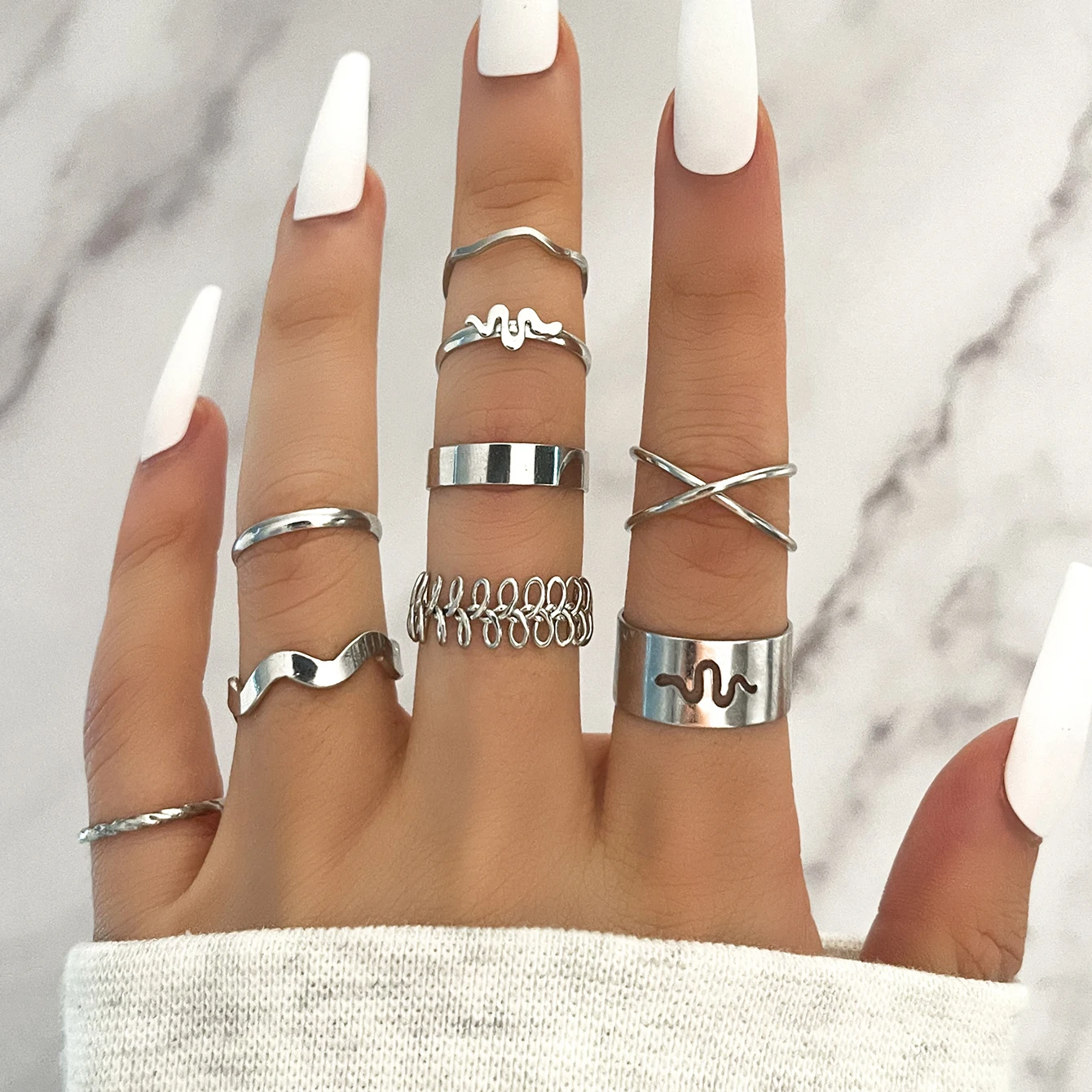 

Stillgirl 9Pcs Punk Silver Color Snake Matching Rings for Women Vintage Gemometric Set Boho Y2k Couple Emo Jewelry Anillos Mujer