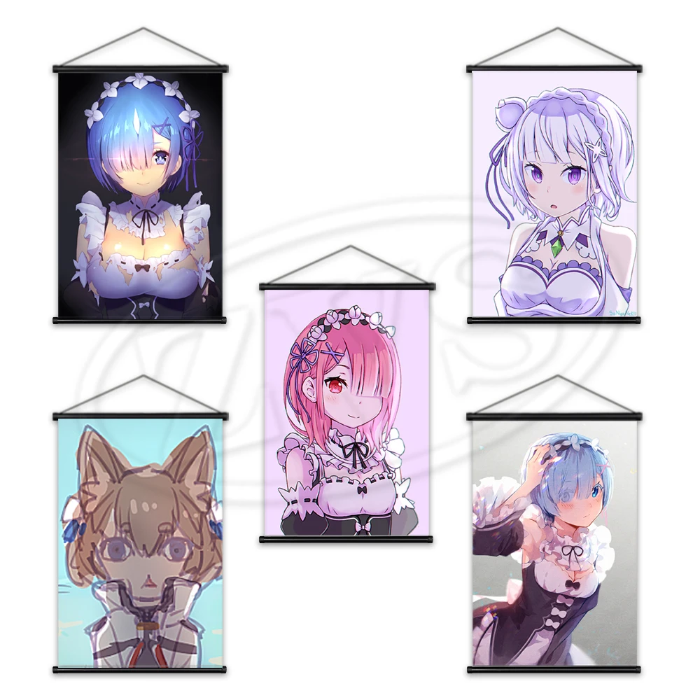 

Картина Rem Ram, плакат, японское аниме, настенная Художественная печать Re:Zero, Висячие свитки, современные холщовые картины, домашний декор, фре...