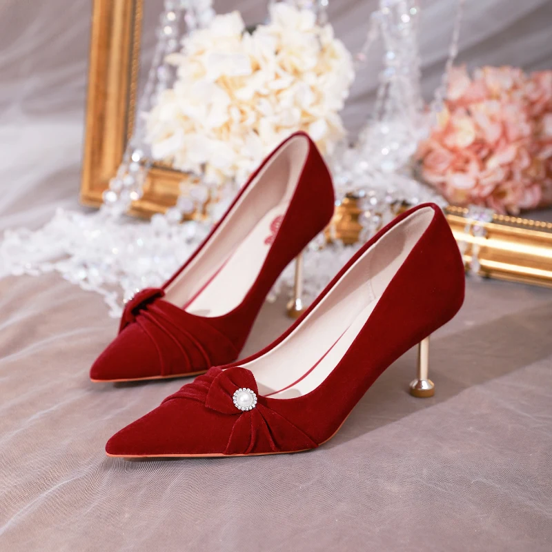 Женские замшевые туфли-лодочки винно-красные туфли на высоком каблуке-шпильке