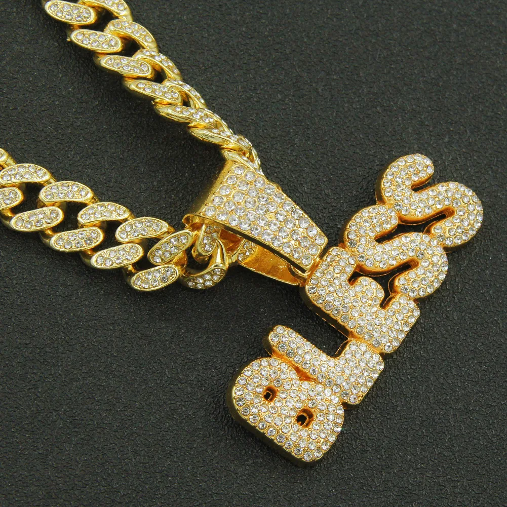 Buzlu Küba zinciri Bling elmas mektup korusun elmas mektup taklidi kolye erkek kolyeler altın zincir Hip Hop çekicilik altın takılar erkekler için