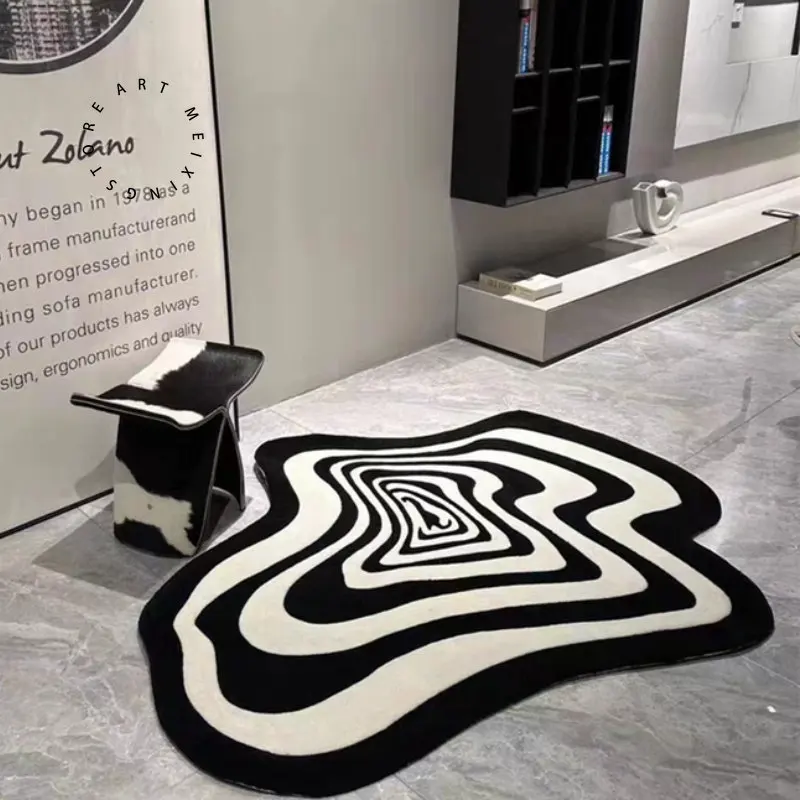 

Creative Living Room Carpet Black and White Striped Home Decoration Bedroom Rug Fluffy Plush Children's Play Mat Custom Size
