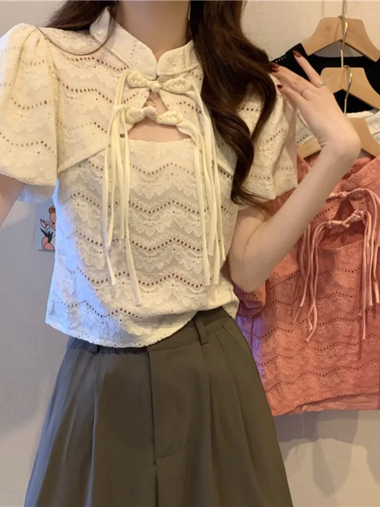 Китайские рубашки с короткими рукавами и открытой пряжкой на шнуровке женские