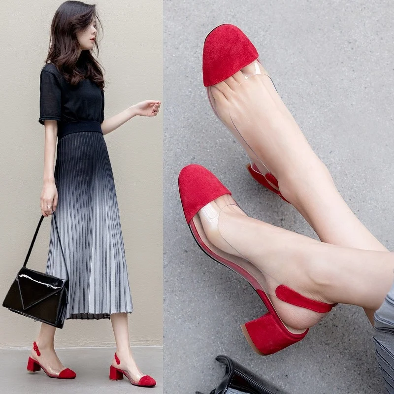 Купи Transparent Sandal for Women Jelly New Spring Summer Medium Heel High Heel Chunky Toe Single Shoe Red Suede Clasp Sandal за 484 рублей в магазине AliExpress