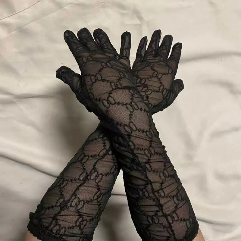 women sexy lace gloves letter Transparent Mitten Elbow Party luxury Elegant Length gloves female