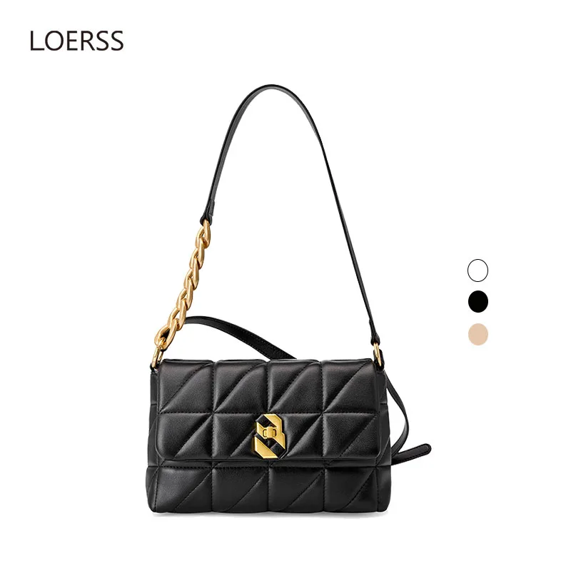 LOERSS Women's Casual Chain Underarm Bag Genuine Leather High Quality Shoulder Shopping Purse and Handbags Solid Color Bag