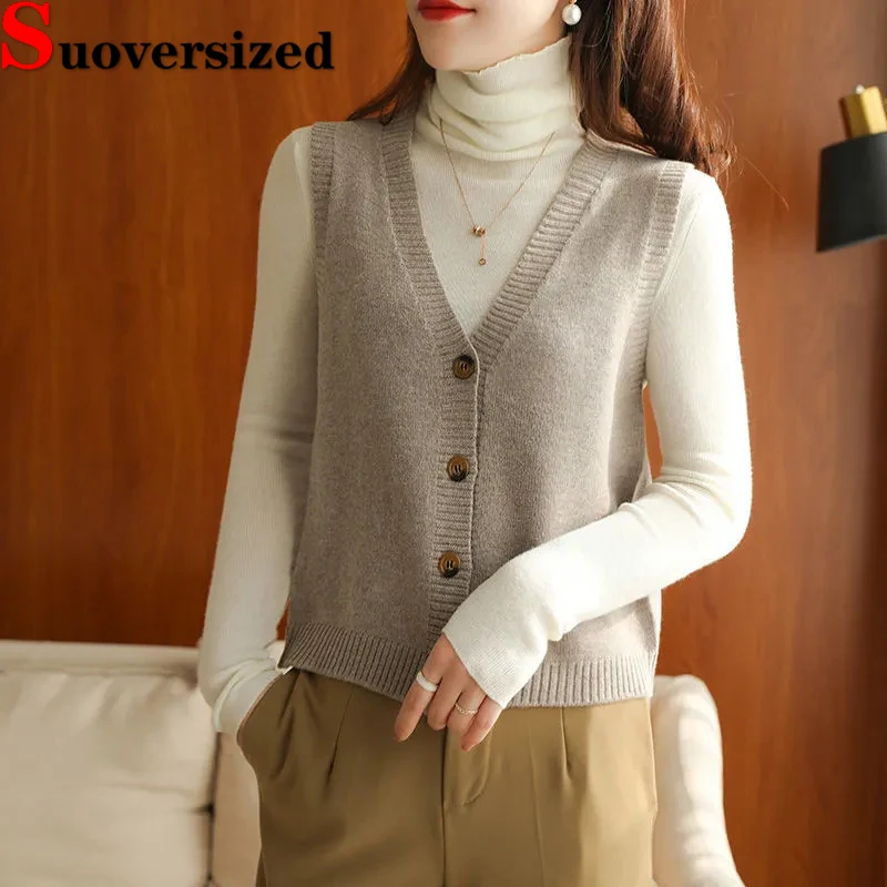 

V Neck Sweater Vest For Women Fashion Cropped Sleeveless Tops Fall Winter Single Breasted Knitted Chaleco Loose Casual Waistcoat
